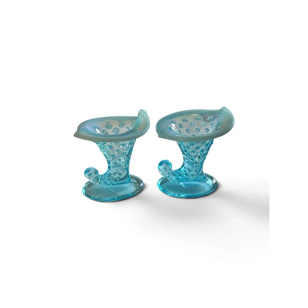 Vintage Fenton Blue Opalescent Hobnail Cornucopia Vase/Candle Holder Set #11